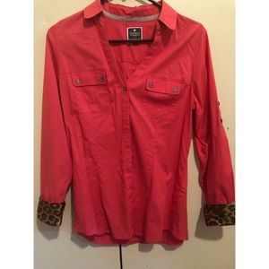 Coral blouse with leopard detail